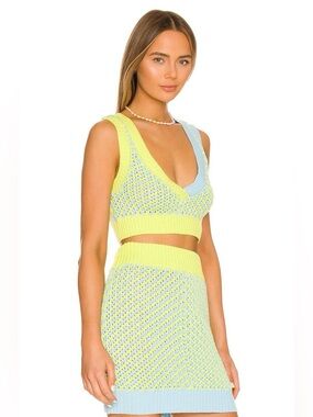 For Love & Lemons Lime Yellow and Light Blue Knit Jacinta Set Size Medium